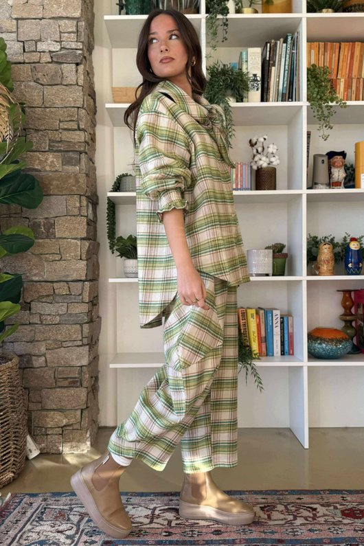 Agnes Plaid Brushed Cotton Neckerchief Blouse Greens